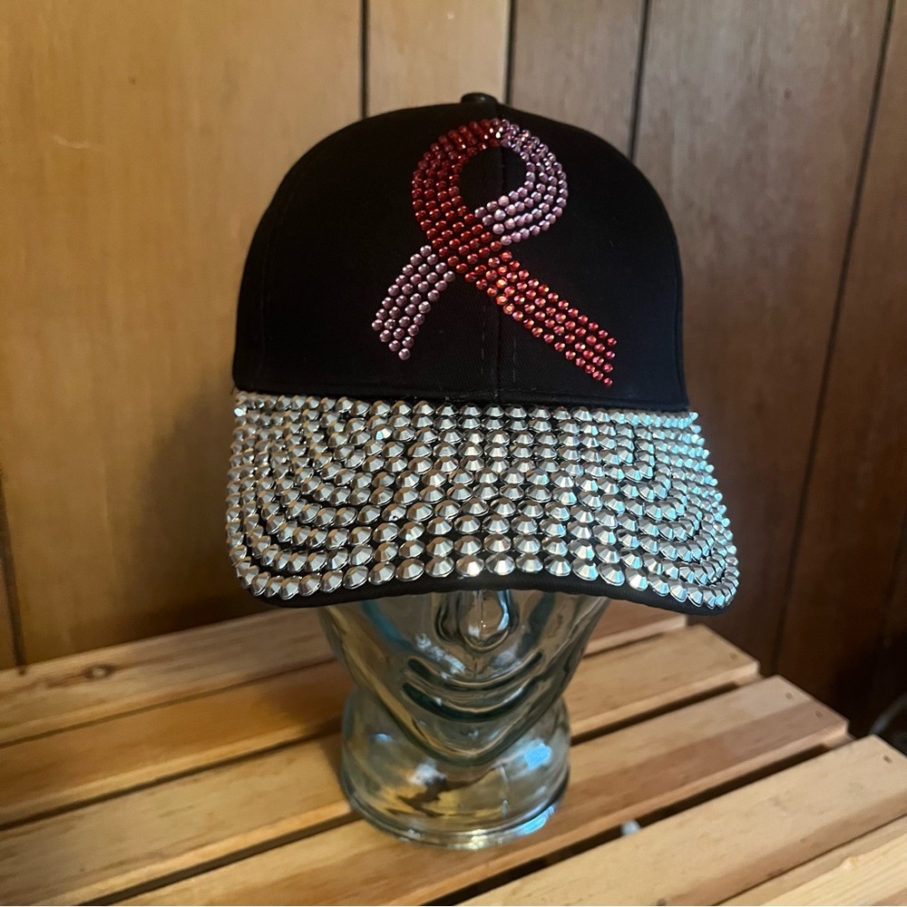 Bling Pink Ribbon Cap for Breast Cancer Awareness (Black)